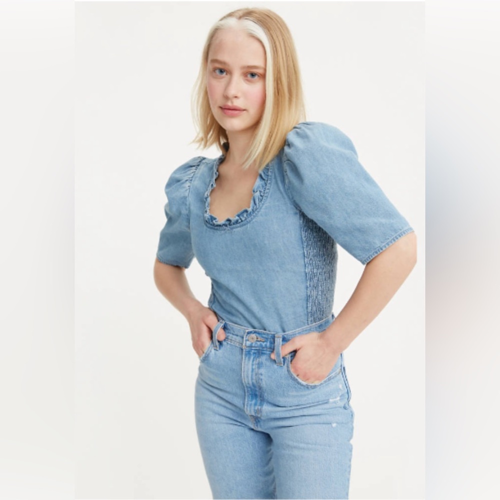 Levis Denim Cropped Top Puffed Sleeve Size Large